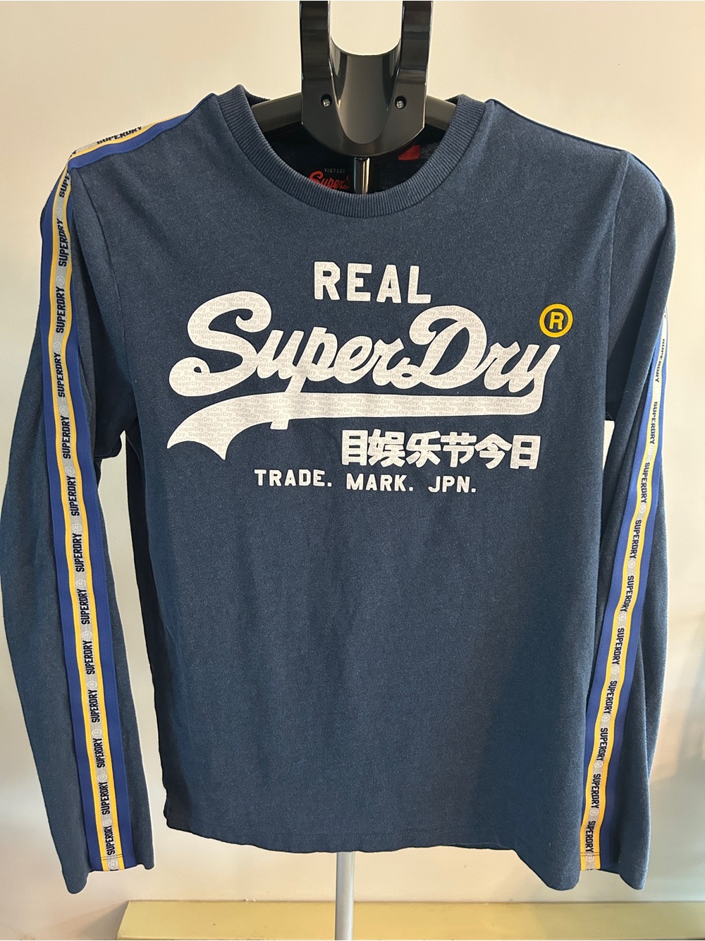 Superdry Navy Long Sleeve Logo Tee with Yellow Trim